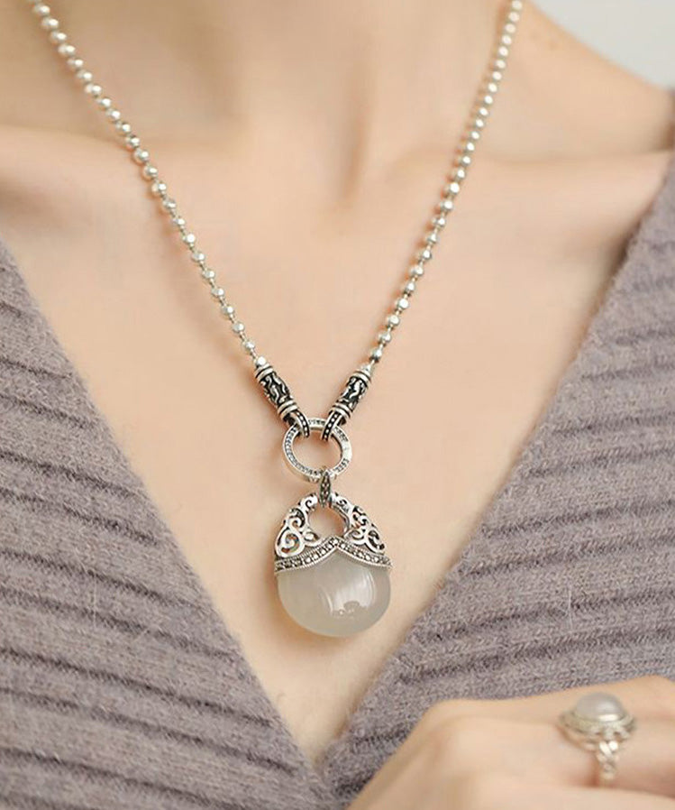 White Sterling Silver Chalcedony Round Bead Pendant Necklace