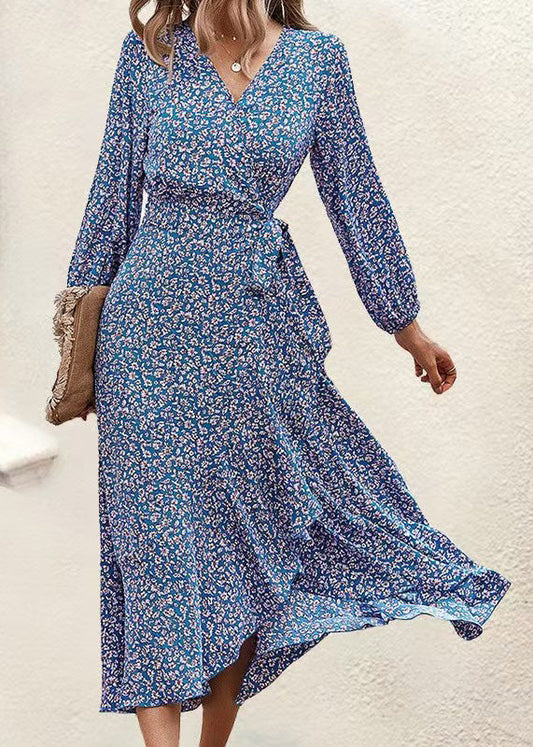 Blue V Neck Print Ruffled Lace Up Chiffon Dress Long Sleeve