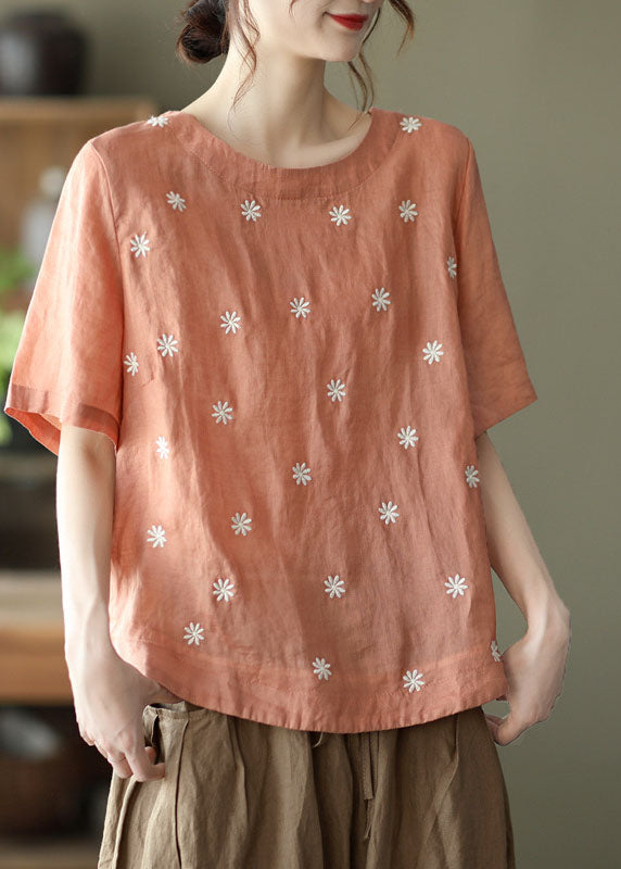 Orange Embroidered Linen Blouses Top Short Sleeve