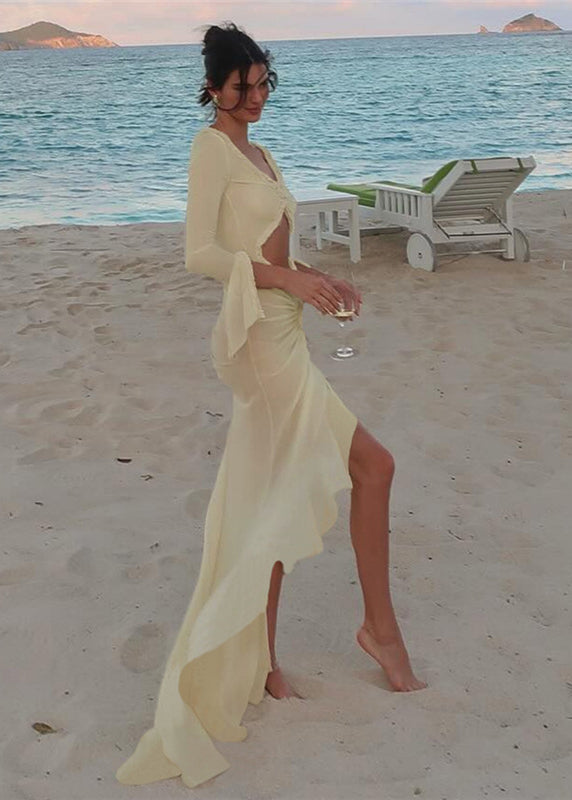 Apricot V Neck Sheer Hollow Out Maxi Dress Long Sleeve