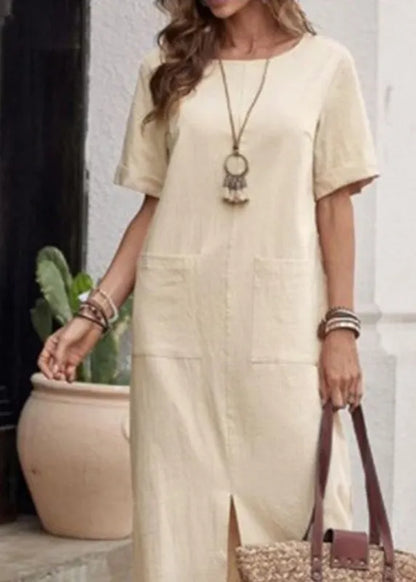 Loose Apricot Patchwork Vacation Long Dresses Short Sleeve