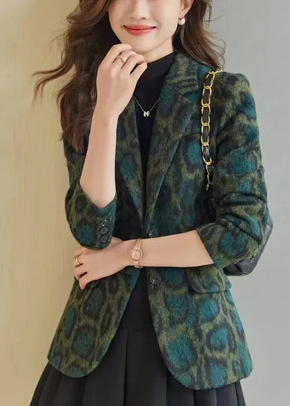 Green Leopard Print Woolen Coats Spring