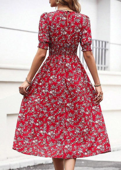 Red O-neck Puff Sleeve Print Cotton Dress Summer
