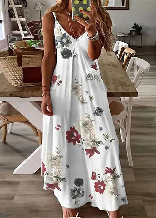 Feather Print V Neck Cotton Long Dresses Sleeveless