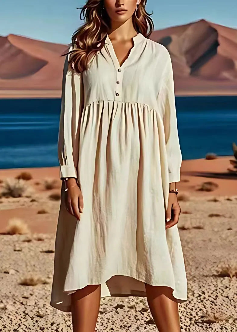 Beige V Neck Wrinkled Patchwork Linen Dresses Long Sleeve