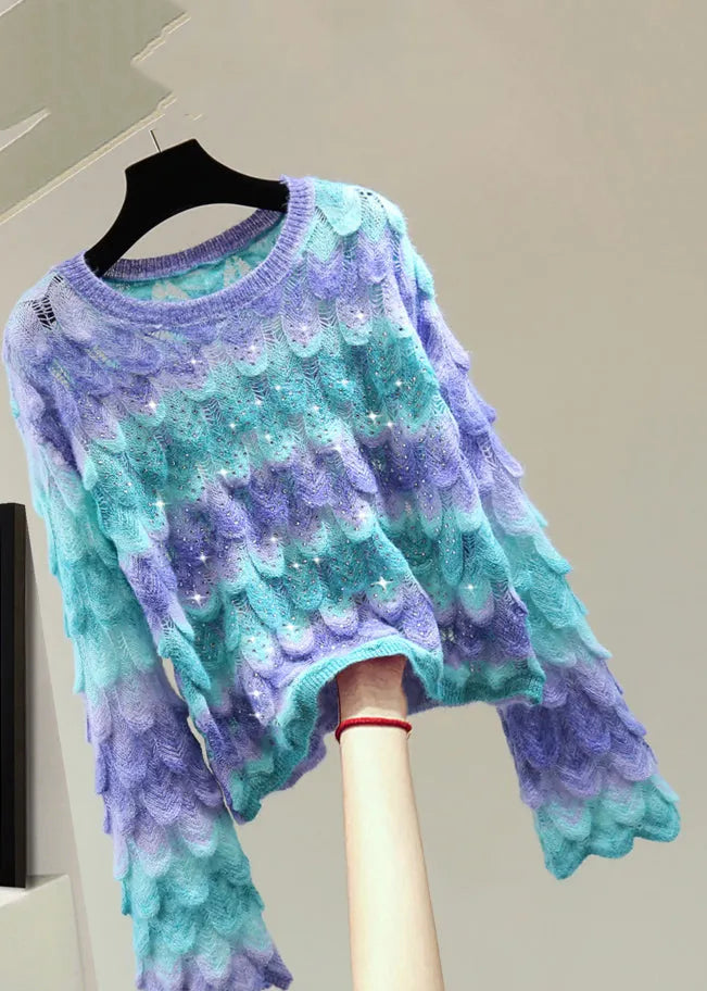Blue O-neck Zippered Hollow Out Cotton Knit Sweater Flare Sleeve