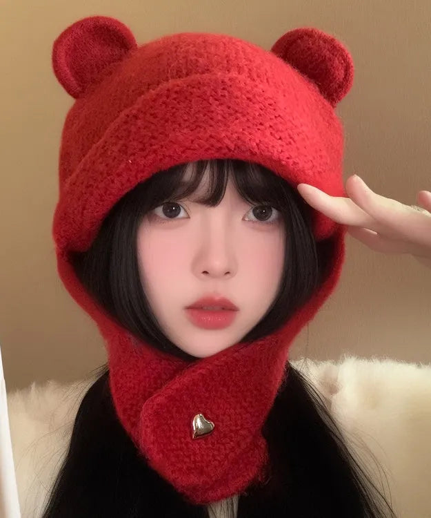 Red Thick Knit Ear Protection Warm Bonnie Hat