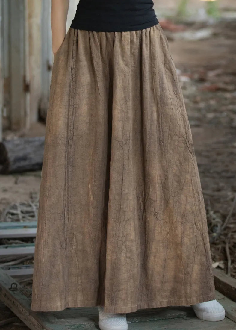 Tea Brown Tie Dye Elastic Waist Exra Large Hem Linen Skirts Summer