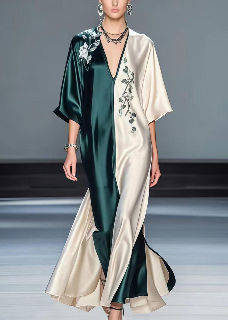 Boutique Colorblock V Neck Patchwork Silk Long Dresses Half Sleeve