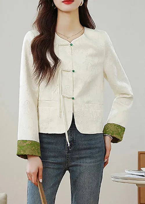 Beige O Neck Print Button Silk Coats Fall