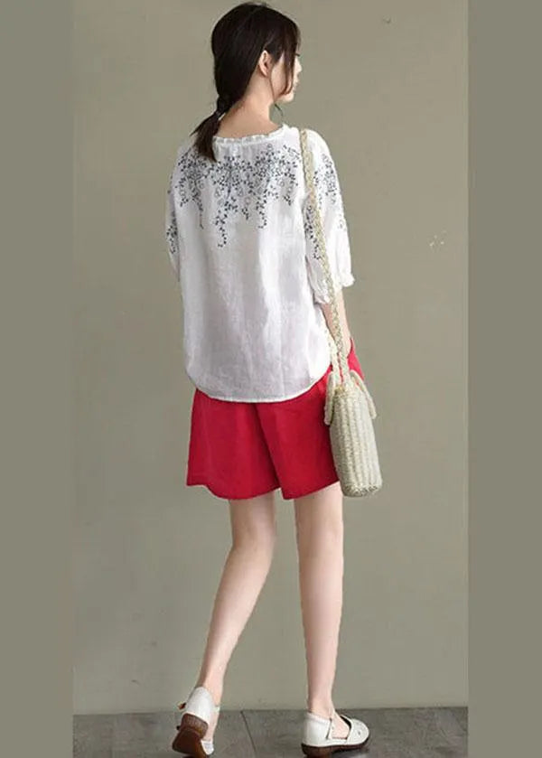 Simple White Loose O-neck Embroidered Summer Linen Blouse Top