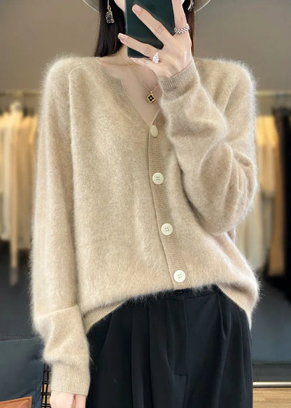 Simple Camel V Neck Button Cashmere Cardigan Long Sleeve