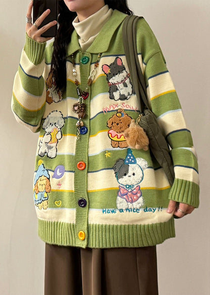 Green Embroidered Striped Knit Coats Spring