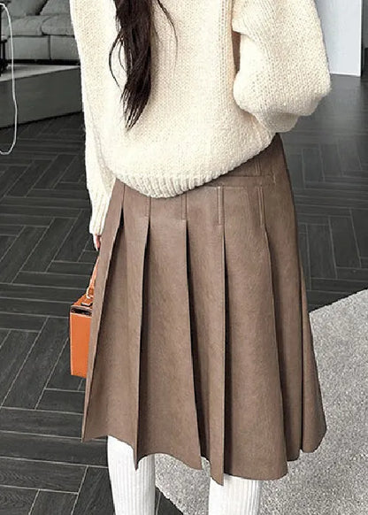 Brown Button High Waist Faux Leather Pleated Skirt Pockets
