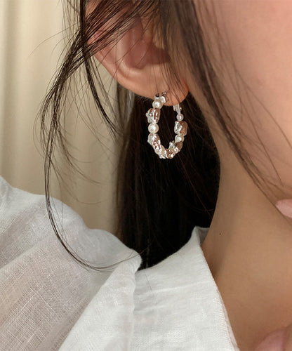 Silk Sterling Silver Alloy Pearl Hoop Earrings