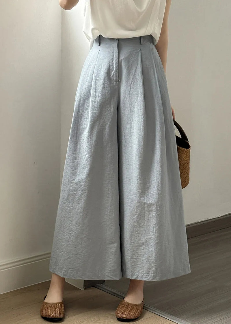 Simple White Pockets Elastic Waist Cotton Wide Leg Pants Fall
