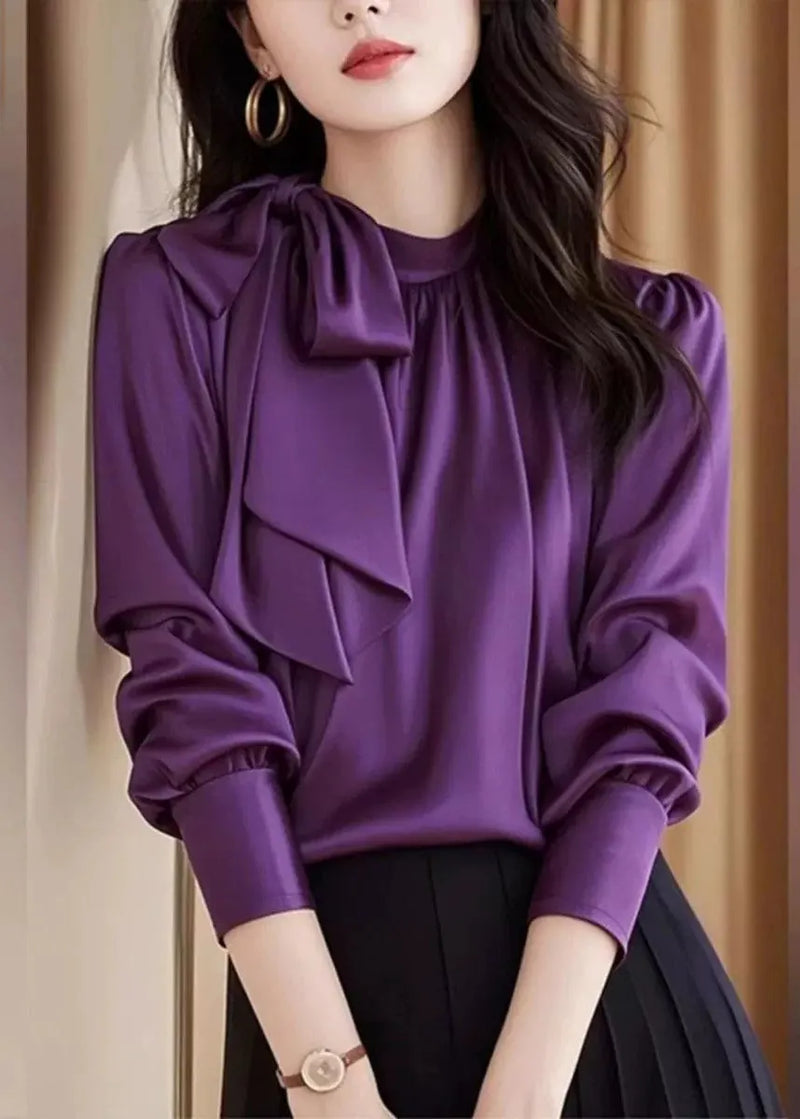 Slim Fit Purple Lace Up Silk Blouses Fall