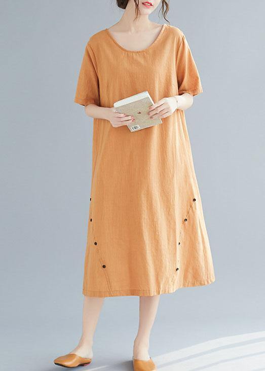 Natural Khaki O Neck Cotton Linen Dresses Button Decorated Summer Dress