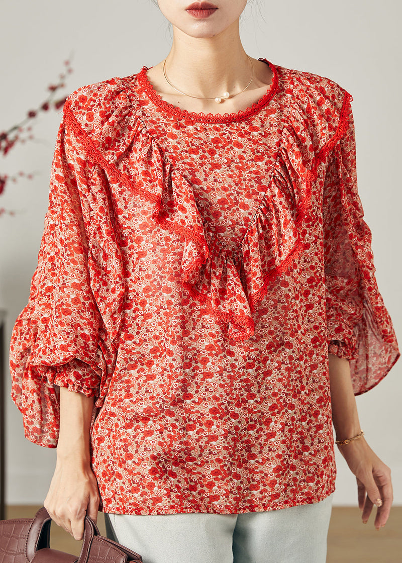Red Ruffled Print Chiffon Blouse Top Butterfly Sleeve