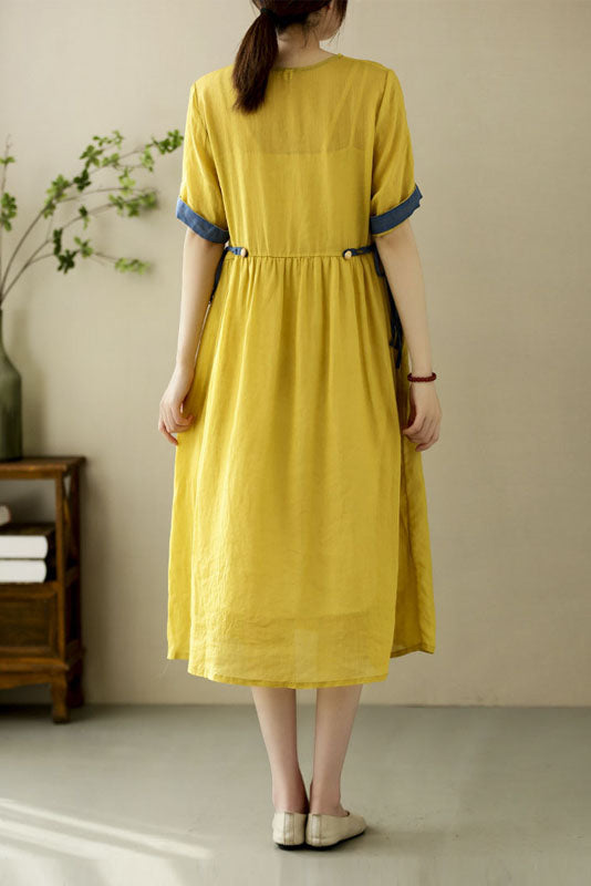 Summer Yellow Linen Embroidered Dress Short Sleeve Loose Dress