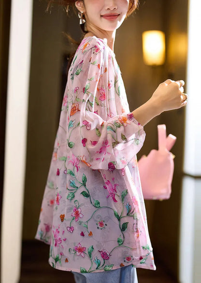 Pink O Neck Print Loose Chiffon Blouse Top Fall