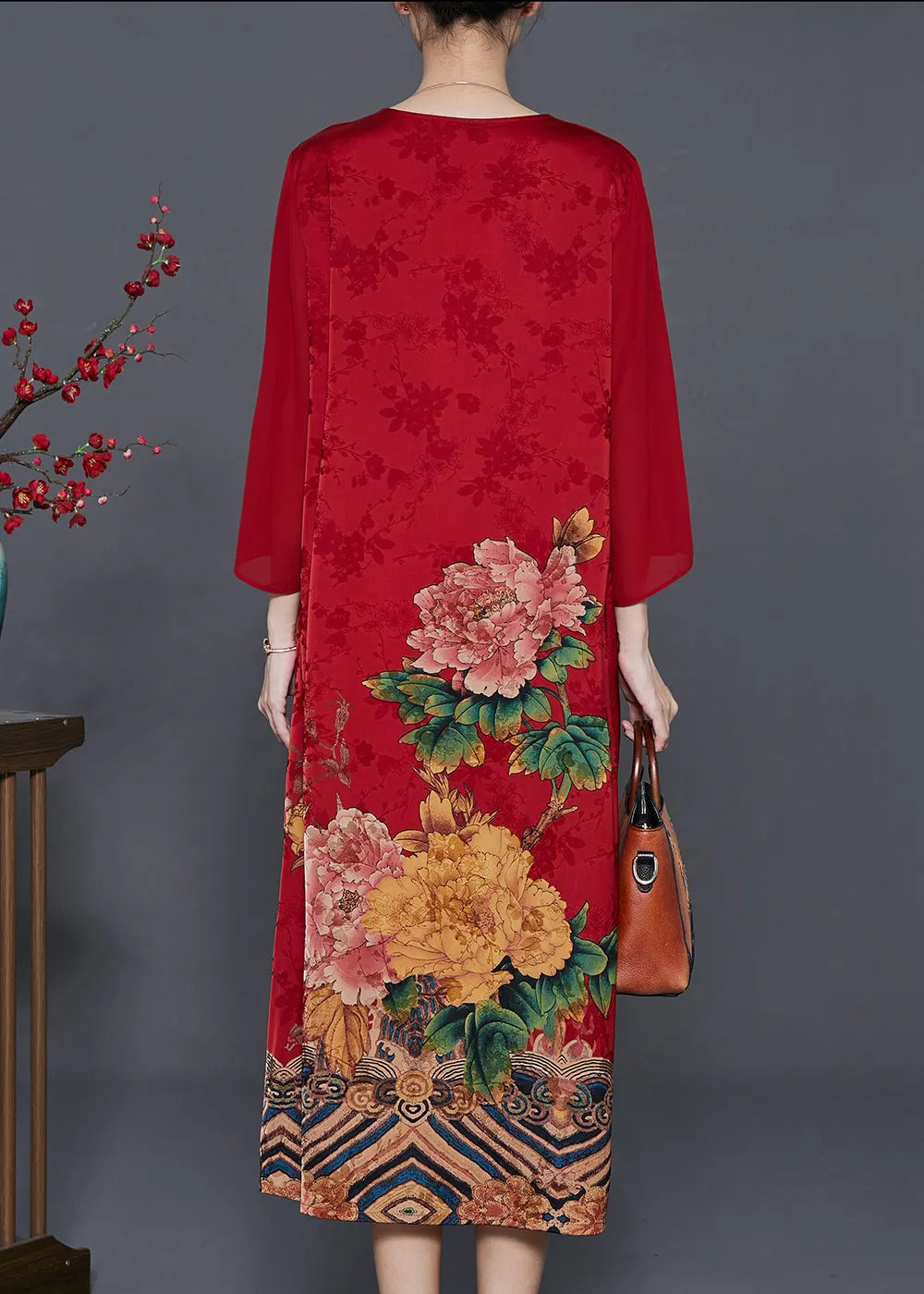 Red Tasseled Print Silk Oriental Dresses Summer