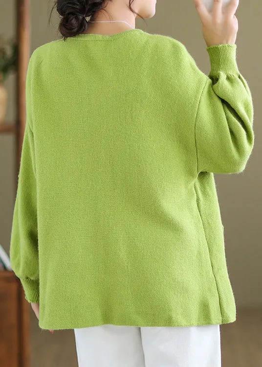 Green Button Pockets Knit Coat Long Sleeve