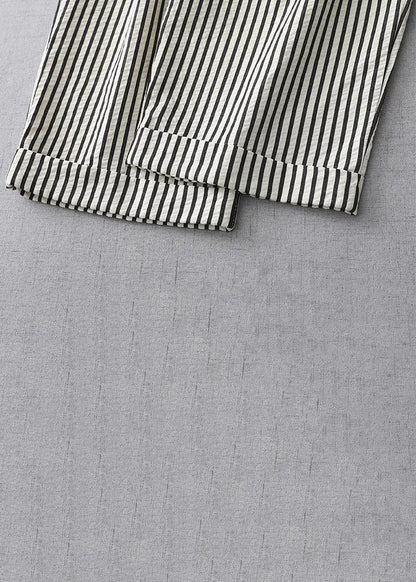 Striped Lace Up Elastic Waist Cotton Crop Pants Summer