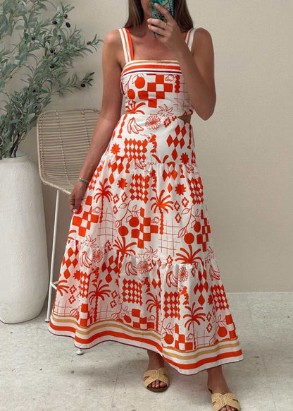 Natural Red Print Patchwork Cotton Spaghetti Strap Dress Summer