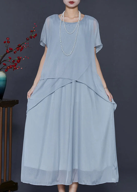 Light Grey Oversized Patchwork Silk Ankle Dress Summer