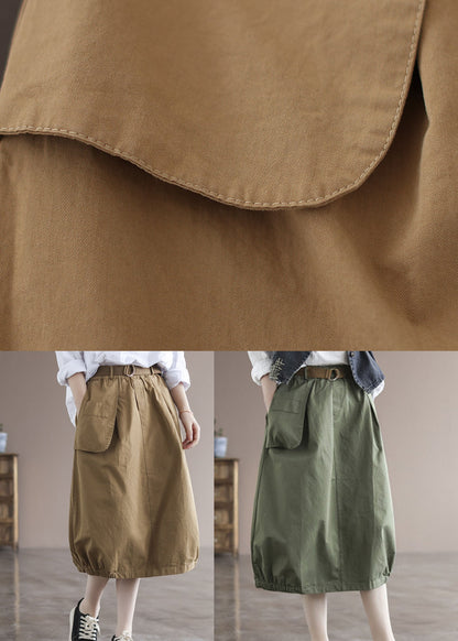 Khaki Elastic Waist Asymmetrical Pockets Cotton Skirts Summer