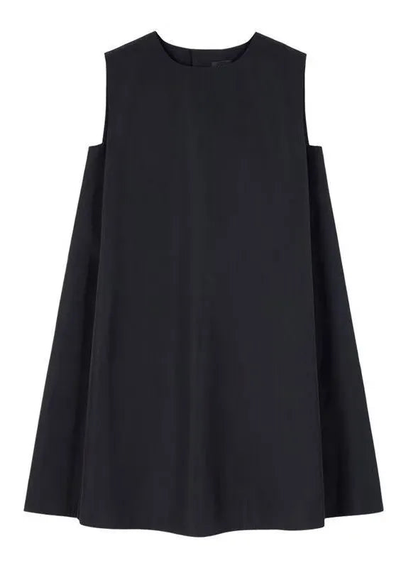 Simple Black O Neck Pockets Cotton Mid Dress Sleeveless
