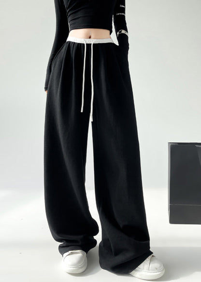 Black Pockets Tie Waist Wide Leg Pants Spring