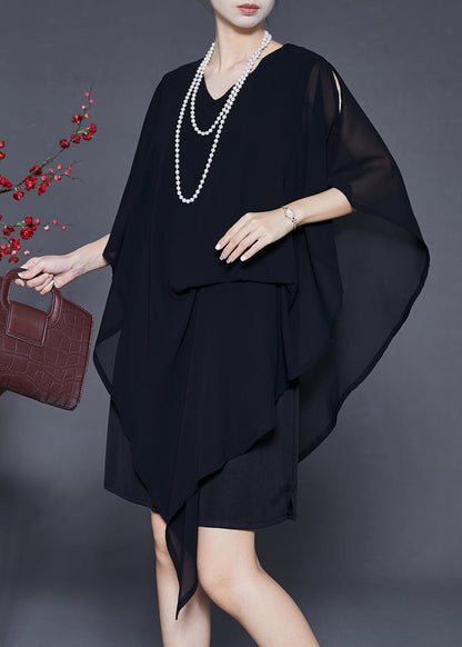 Black Asymmetrical Cold Shoulder Chiffon Tea Dress Summer