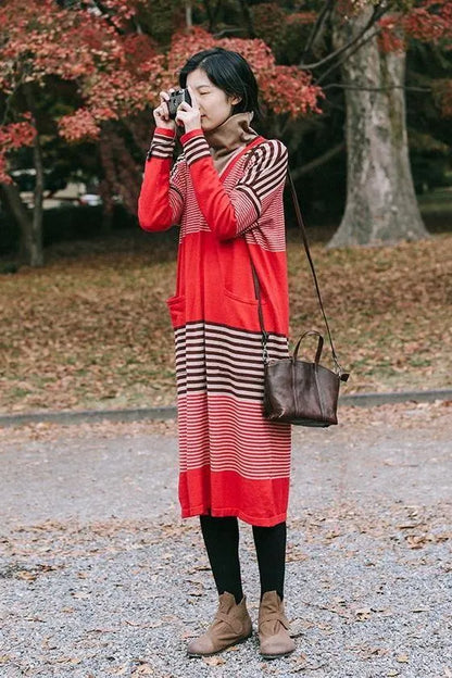 Red Striped Loose Sweater Dresses Clothes