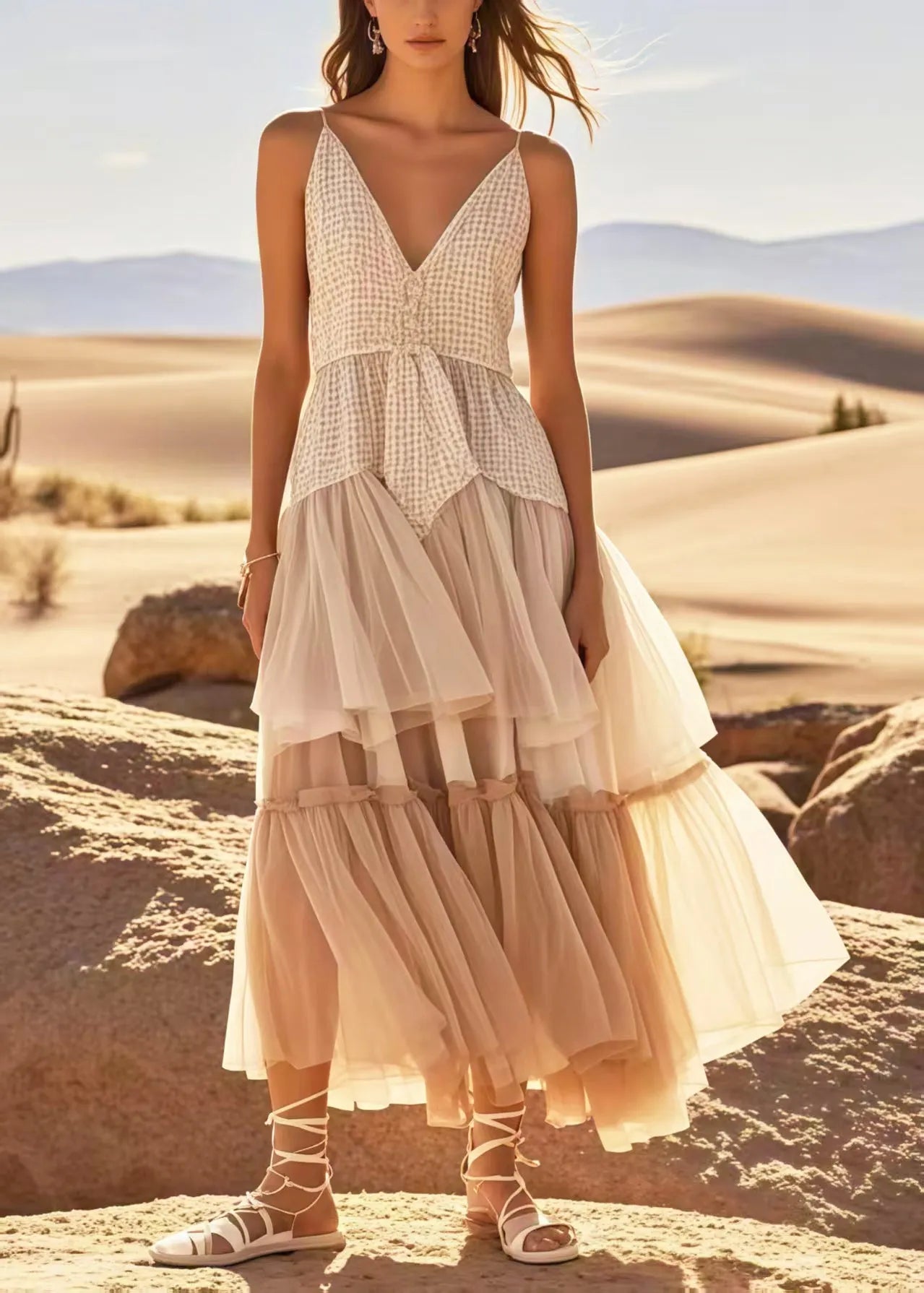 Apricot Exra Large Hem Patchwork Tulle Sundress Summer