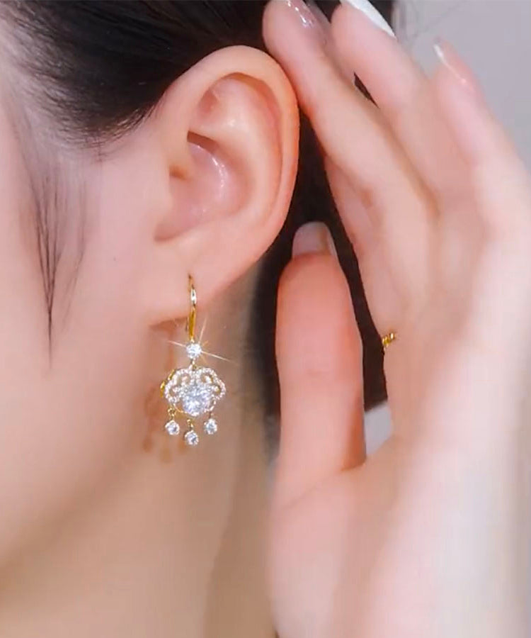 Gold Sterling Silver Overgild Zircon Safety Lock Tassel Drop Earrings