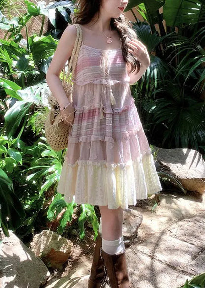 Pink Lace Up Ruffled Knit Mid Dress Sleeveless