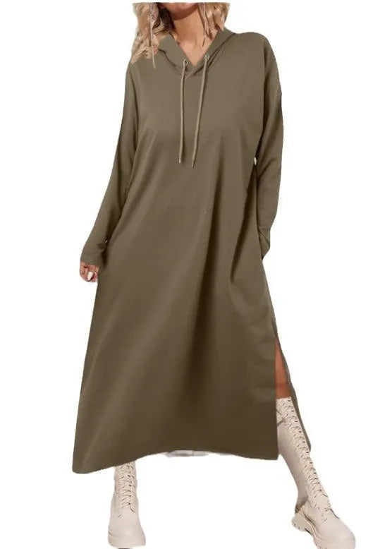 Tea Green Hooded Side Open Cotton Long Dress Fall