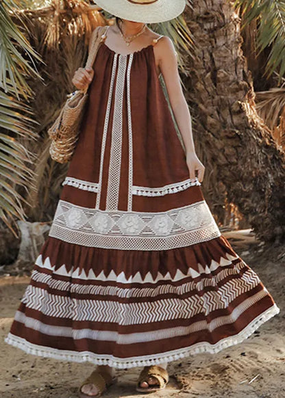Unique Coffee Backless Tasseled Patchwork Cotton Spaghetti Strap Dress Sleeveless