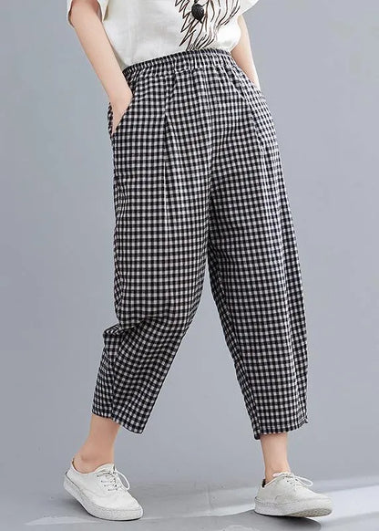High-waist Cotton Linen Checked Harem Pants