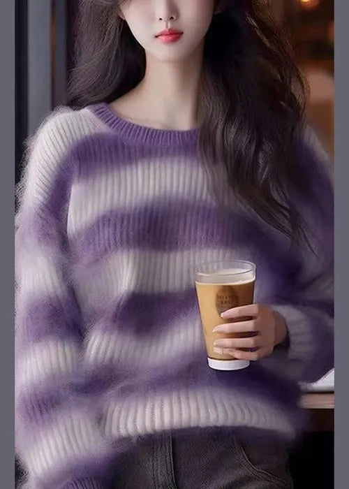 Purple O Neck Striped Cozy Knit Sweater Winter