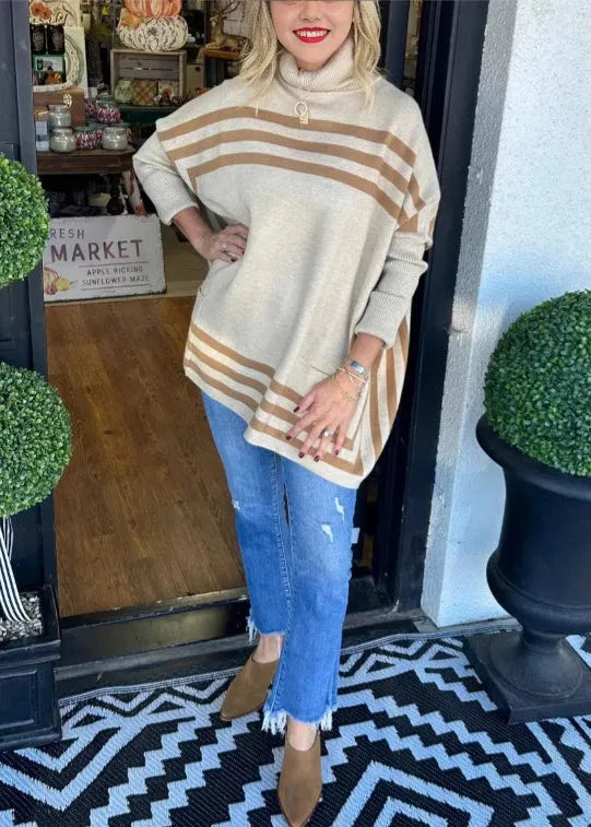 Loose Black Hign Neck Striped Knit Sweaters Batwing Sleeve