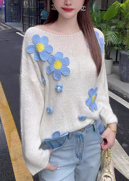 Stylish White O Neck Hollow Out Knit Sweater Tops Fall