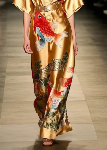 Golden Koi Fish Print Silk Tunic Dress Summer