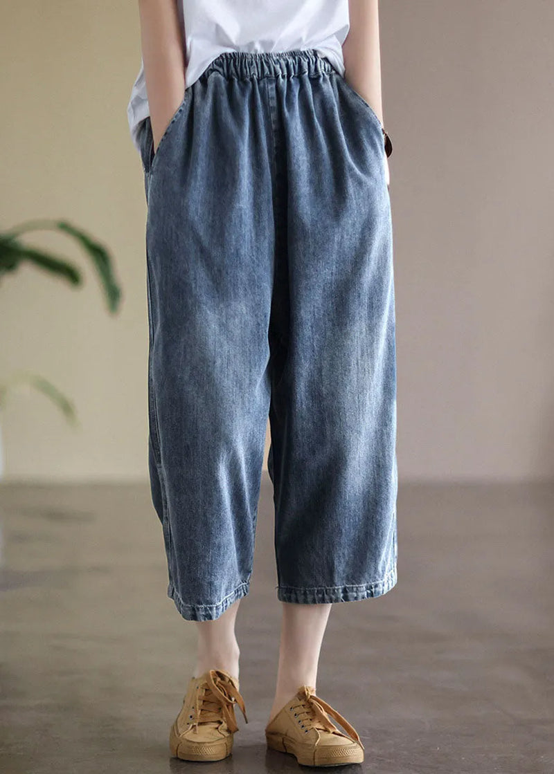 Baggy Light Blue Elastic Waist Pockets Denim Cotton Wide Leg Pants Summer