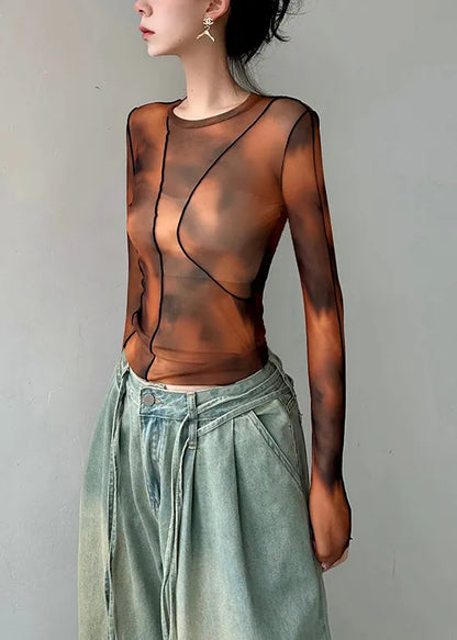Stylish Brown O Neck Tie Dye Tulle Blouses Top Fall