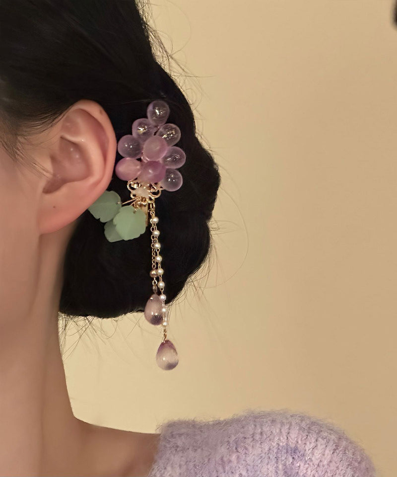 Purple Copper Overgild Crystal Grape Pearl Colored Glaze Tassel a Pair Hairpin