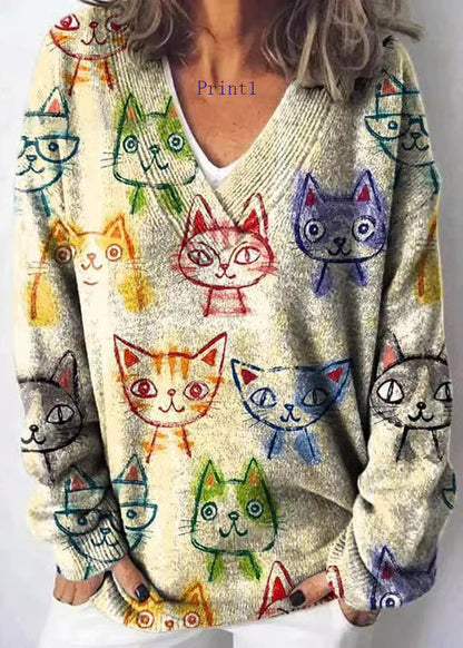 V Neck Print Knit Sweaters Spring