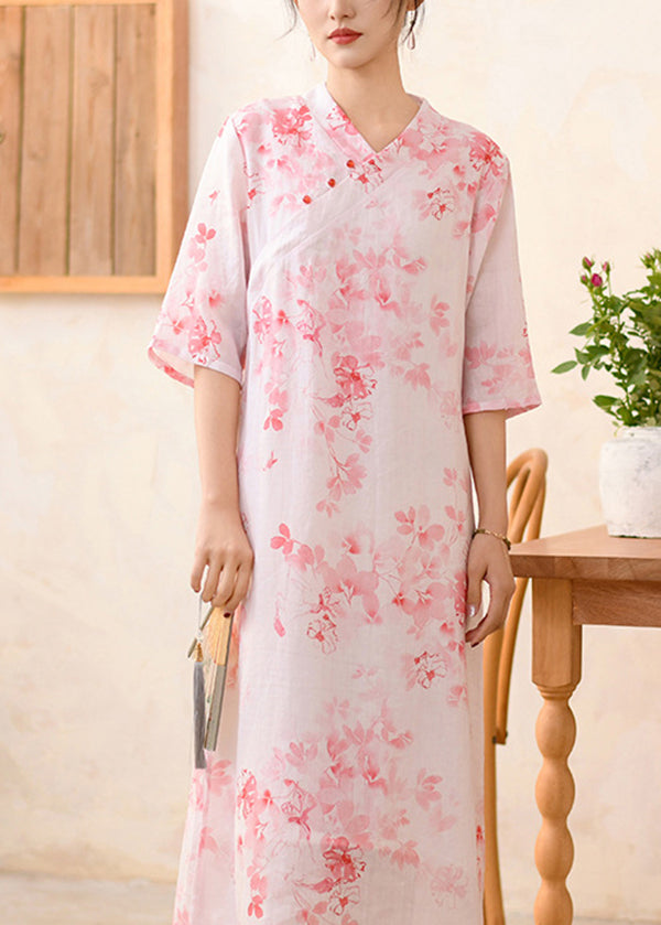 Original Design Blue V Neck Print Linen Dress Summer
